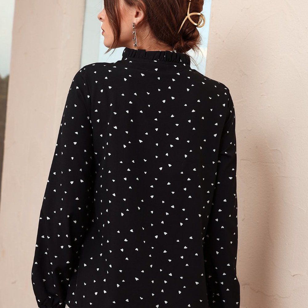 New Heart Print Frill Tie Neck Blouse Black - Picture 7 of 7
